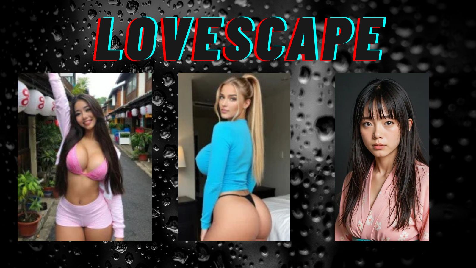 Three AI girlfriend characters from Lovescape AI with raindrops on window background and Lovescape text representing the emotionally intelligent AI companion app with Mood Sync and Dynamic Memory in 2026