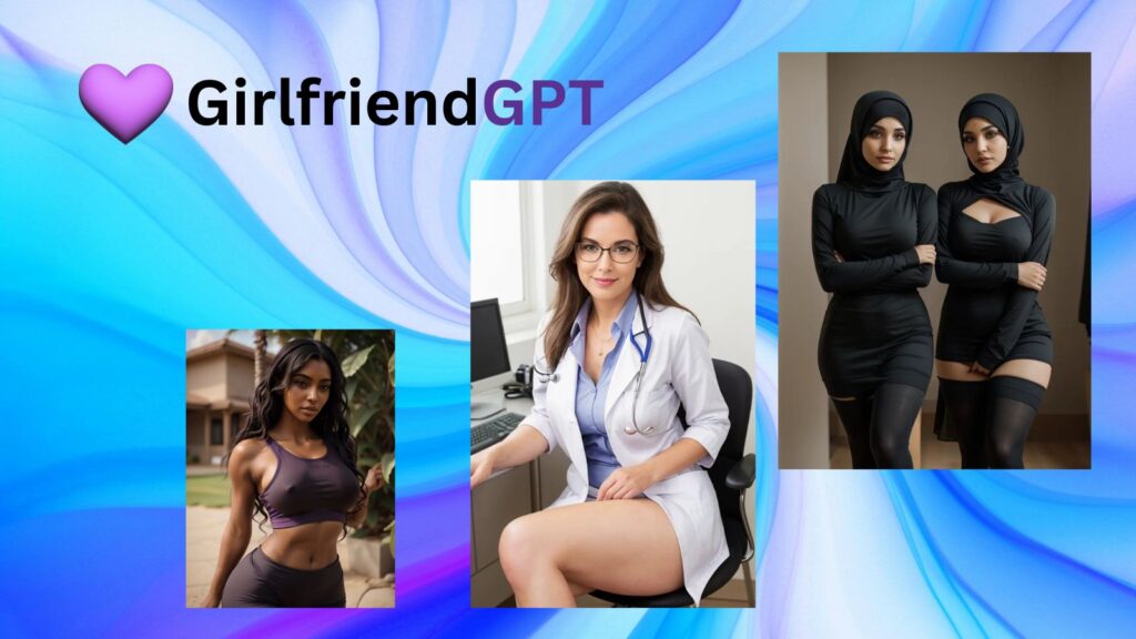 Four AI girlfriend characters with purple background featuring GirlfriendGPT logo and purple heart representing GirlfriendGPT review 2026 with 10-second in-chat videos and lifelike stories