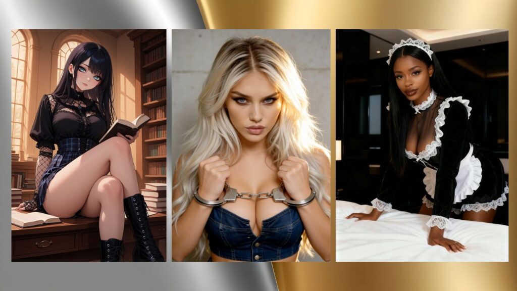 Three AI girlfriend companions posed together against elegant gold and black background - Secret Desires AI vs Candy AI 2026 comparison review