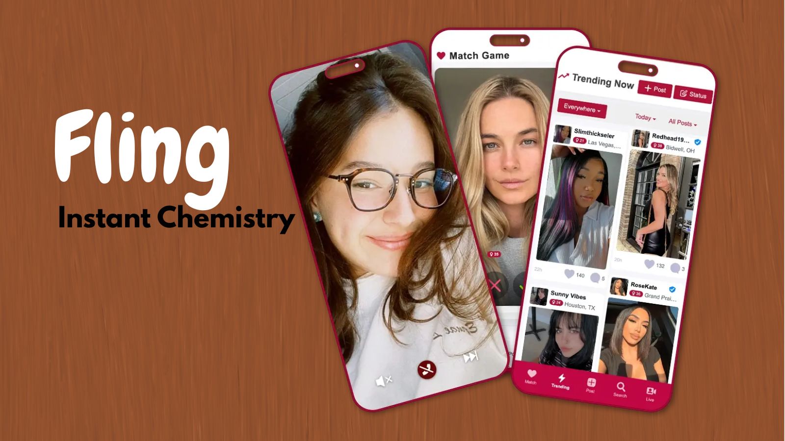 Fling app interface shown on three smartphones displaying photos of six women with brown background and Fling Instant Chemistry text representing Fling review 2026 Mutual Match feature