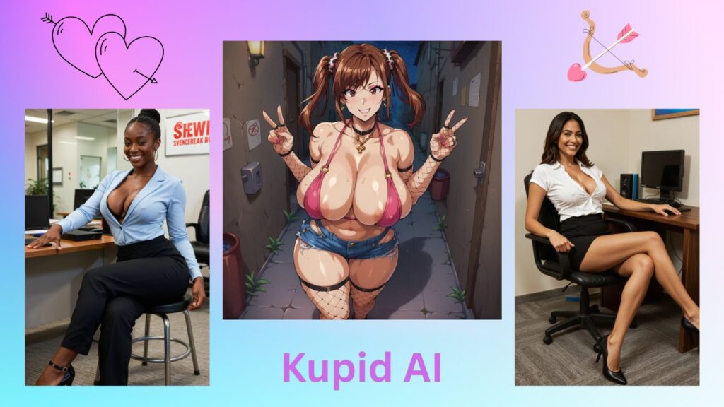 Four AI girlfriend characters with purple blue gradient background featuring hearts and Cupid bow and arrow with Kupid AI text representing Kupid AI review 2026 custom bodies and lifelike voice notes