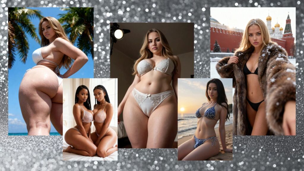 Six AI-generated female avatars displayed against a sparkling silver glitter background, representing Aimour AI's virtual companion technology