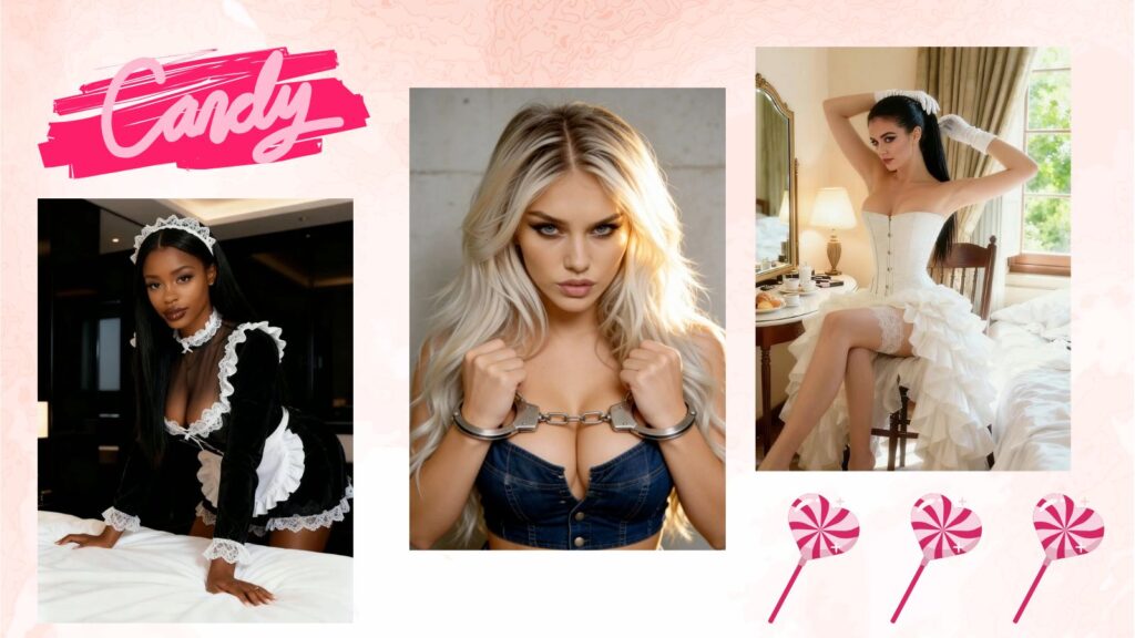 Three AI-generated female characters in front of a pink background, with the word “Candy” in the top left and three pink heart lollipop graphics in the bottom right, illustrating Candy AI’s playful companion branding.