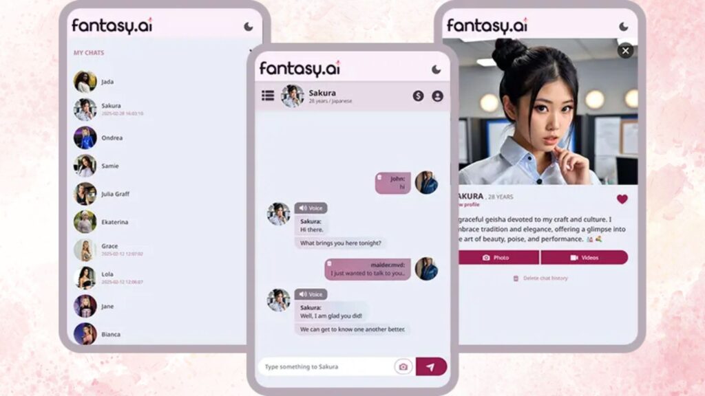 Fantasy AI mobile app interface showing a customized AI girlfriend portrait alongside chat conversation bubbles on a smartphone screen