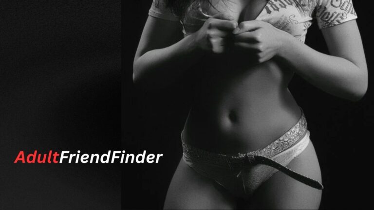 Woman in white lingerie on a black background with AdultFriendFinder logo.