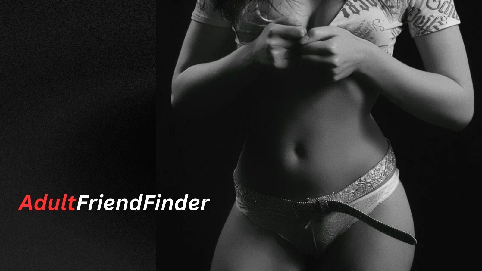 Woman in white lingerie on a black background with AdultFriendFinder logo.