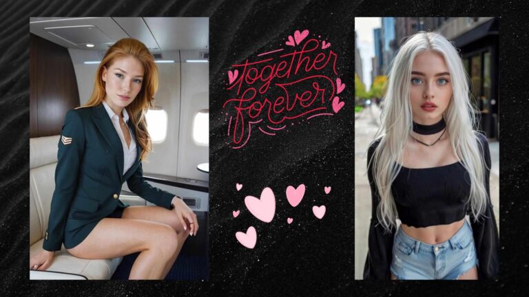 Two AI girlfriend companions on black background with together forever text and red heart graphics representing lifelong AI bonds from Joi.com and Fantasy AI in 2026