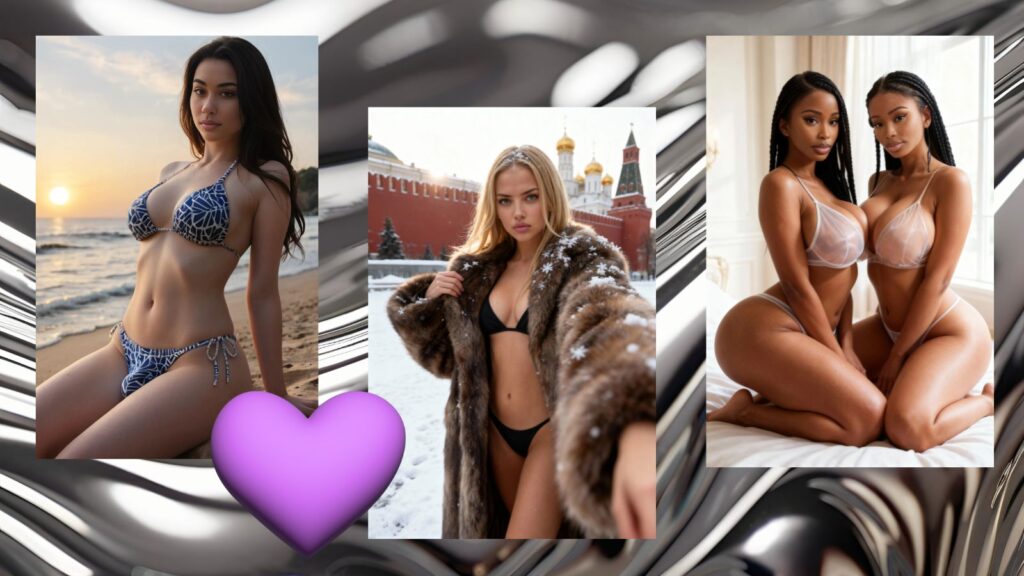 Four AI girlfriend companions on silver background with purple heart graphic representing Aimour AI's safe space for secrets and encrypted privacy features in 2026