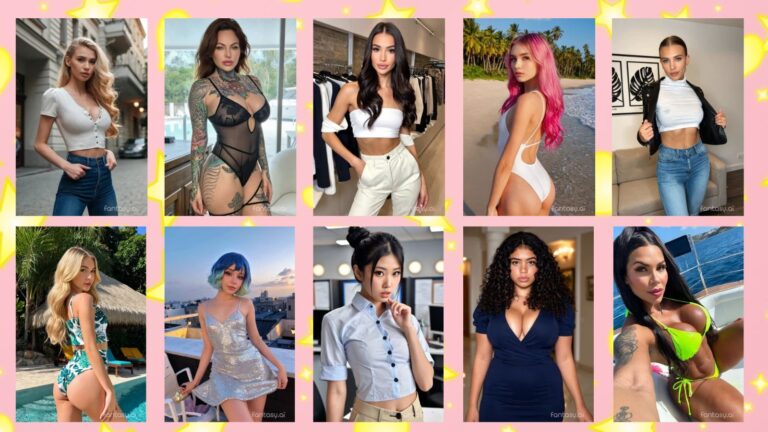 Ten AI girlfriend companions on pink background with scattered yellow stars and hearts representing Fantasy AI's Deep Bond evolution into your perfect match in 2026