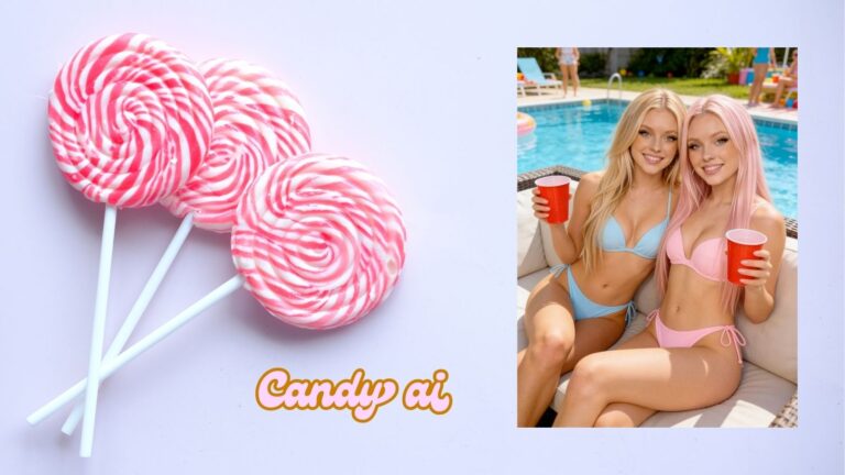 Two AI girlfriend companions by the pool with light blue background featuring lollipop candy bars and Candy AI bubble sign showcasing realistic emotional attachment in 2026