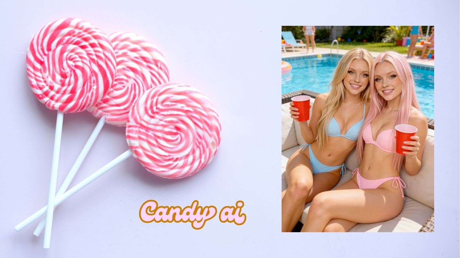 Two AI girlfriend companions by the pool with light blue background featuring lollipop candy bars and Candy AI bubble sign showcasing realistic emotional attachment in 2026