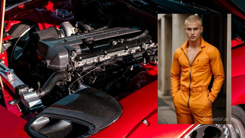 Handsome AI boyfriend character wearing orange mechanic overalls standing in front of car engine background - DreamBF AI 2026 review custom virtual boyfriend