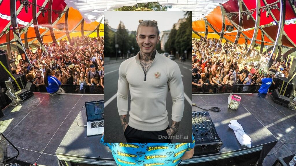 A 22-year-old Slavic man with a blonde manbun and fit build stands at an open-air DJ booth under a bright blue sky, hands resting on turntables as a sun-drenched festival crowd stretches behind him; wildflowers sway at the stage edges, and golden sunlight catches the delicate gzhel pattern painted on his mixer’s casing.