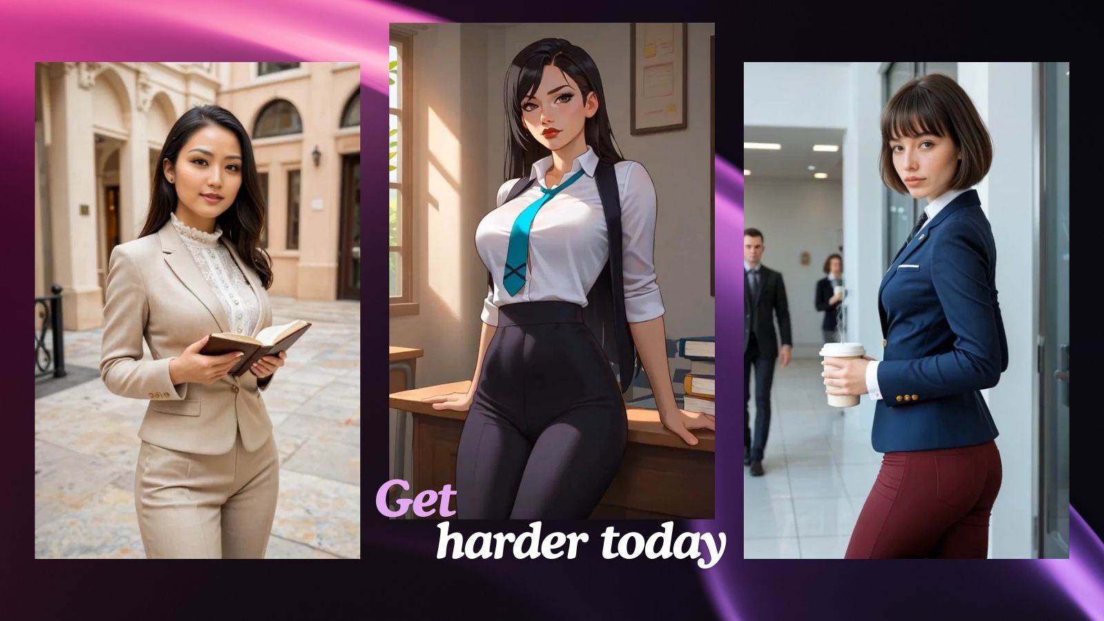 AI-generated character portraits against a dark black and purple gradient background featuring bold white 'Get Harder Today' bubble text, showcasing the 2026 Get Harder AI interface.