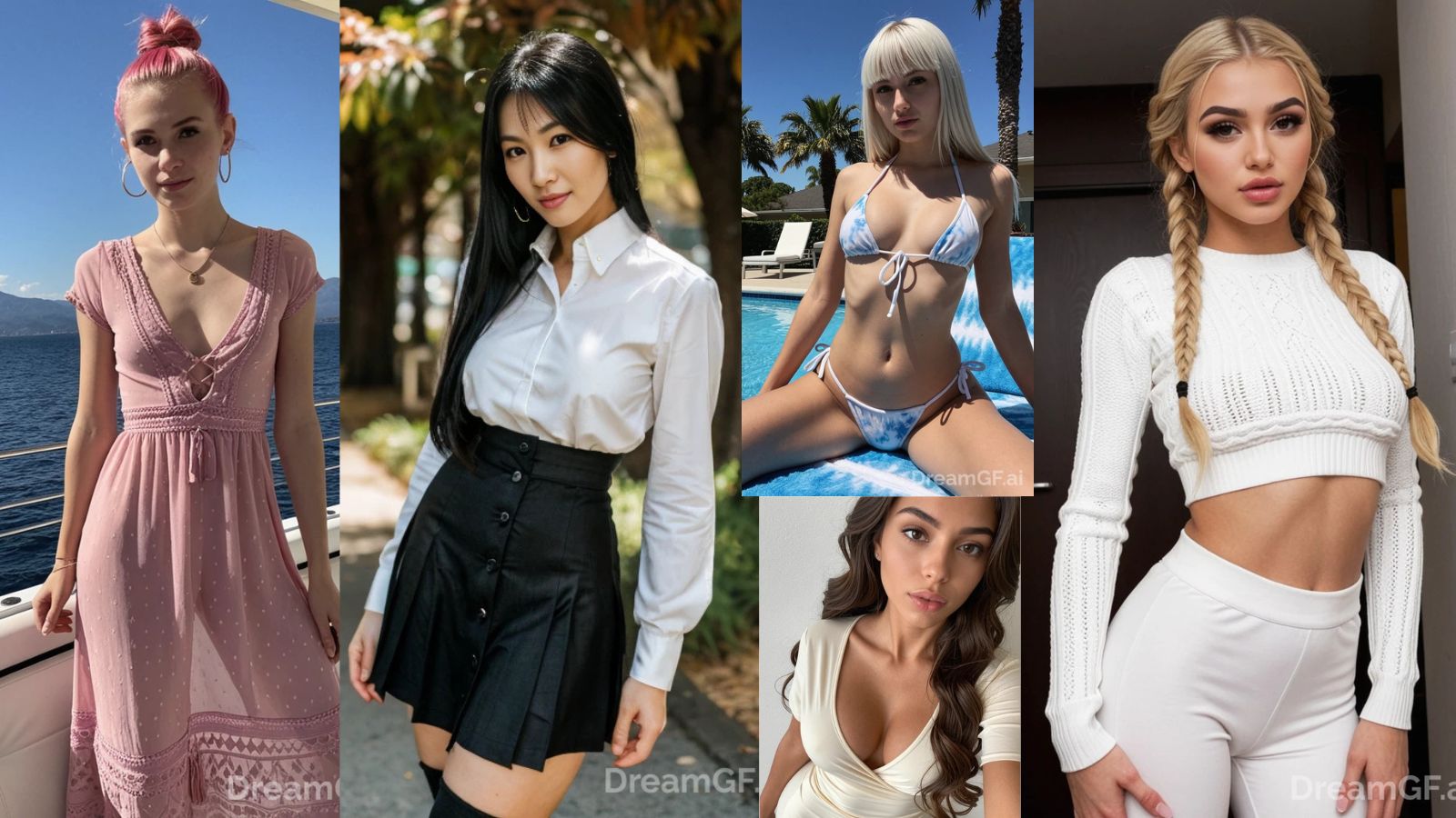Five AI girlfriend companions from DreamGF AI showcasing mix-and-match customization features for the best AI girlfriend experience in 2026