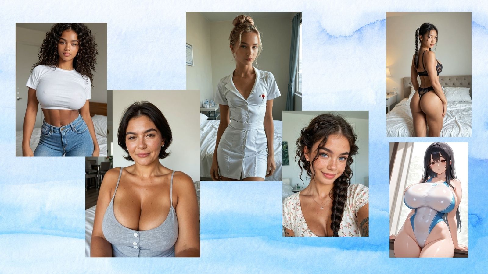 Six AI girlfriend companions posed together against blue and white gradient background - Darlink AI 2026 review featuring V5 video generator and Living Memory