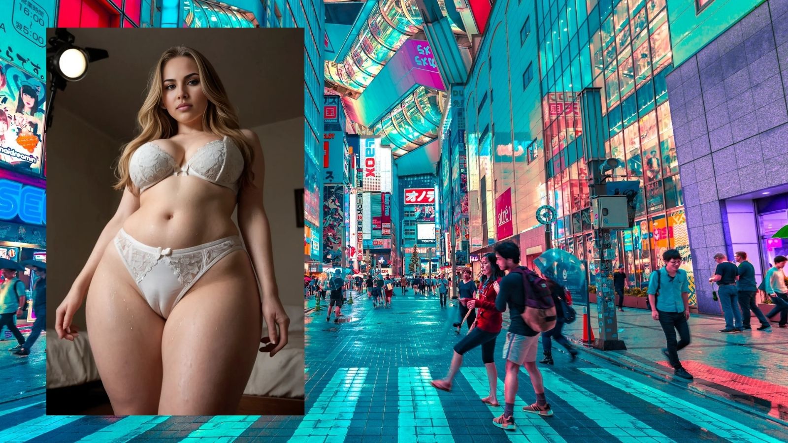 A curvy young woman with warm brown skin and loose dark curls stands alone on a rainy Tokyo balcony at night, city lights glowing behind her, holding a single cherry blossom branch—quiet, thoughtful, human.