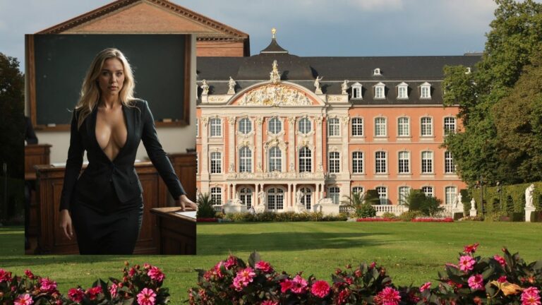 A 36-year-old woman with blonde hair, tanned skin, and a tailored charcoal suit stands beside a weathered oak lectern in a sunlit German university classroom—surrounded by antique wooden desks, floor-to-ceiling bookshelves, and soft rain light filtering through tall leaded windows.