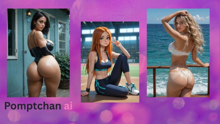 Three photorealistic AI girls on a purple background with glowing neon sequin lights, featuring the 'Promptchan AI' logo text in the bottom left corner, demonstrating V8 high-fidelity rendering.