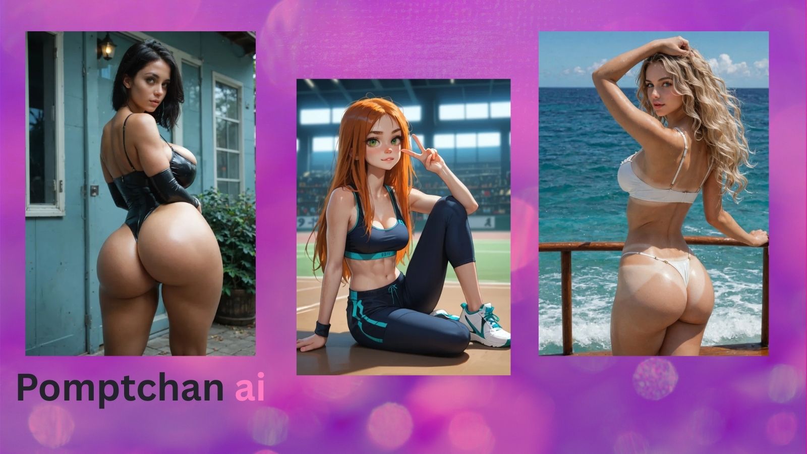 Three photorealistic AI girls on a purple background with glowing neon sequin lights, featuring the 'Promptchan AI' logo text in the bottom left corner, demonstrating V8 high-fidelity rendering.