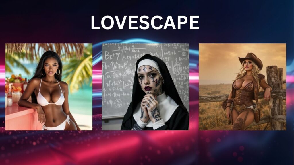 Three AI-generated girls posed against a dark black background with vibrant red, white, and blue neon lighting accents; the word 'LOVESCAPE' is displayed in bold text above the center.