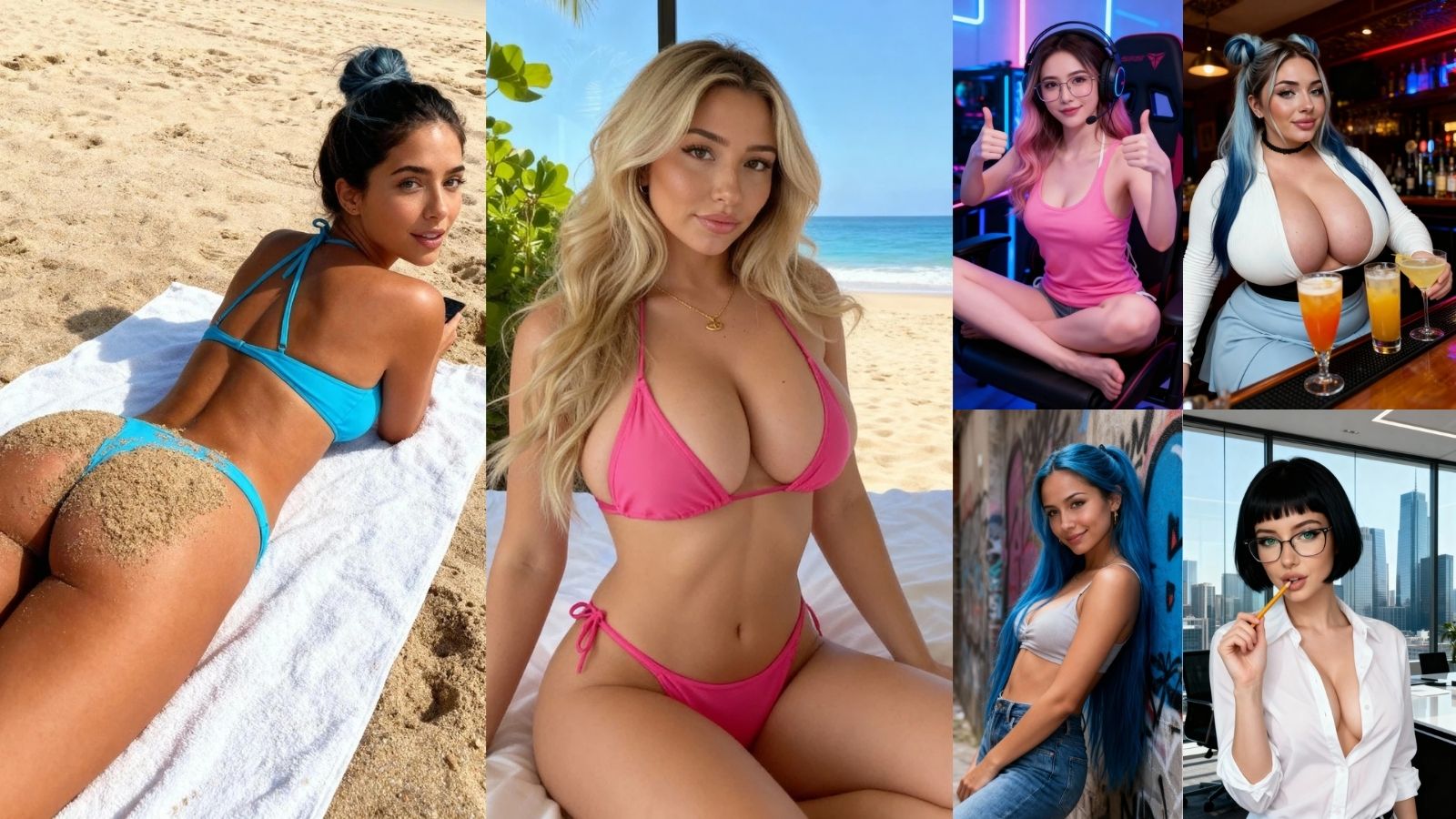 A lineup of six distinct AI companion characters created with Fanfinity AI V4, showcasing diverse ethnicities, fashion styles, and high-fidelity facial consistency on a clean studio background.