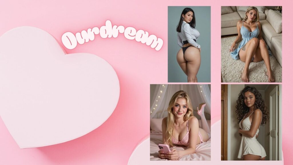 Four diverse AI girls in a group portrait against a pink background decorated with white hearts, featuring the text 'OurDream' in a stylized white bubble font.