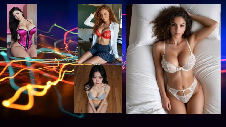 Four AI companion characters posed together against vibrant neon lights background - Sweetdream AI sleep whispers review for bedtime comfort and emotional connection