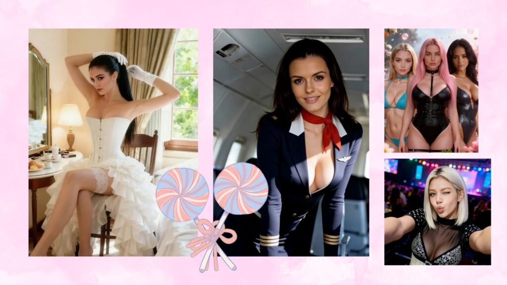 Six realistic AI girls with diverse ethnicities arranged in a grid against a vibrant pink background featuring white hearts and two large pink swirl lollipops.