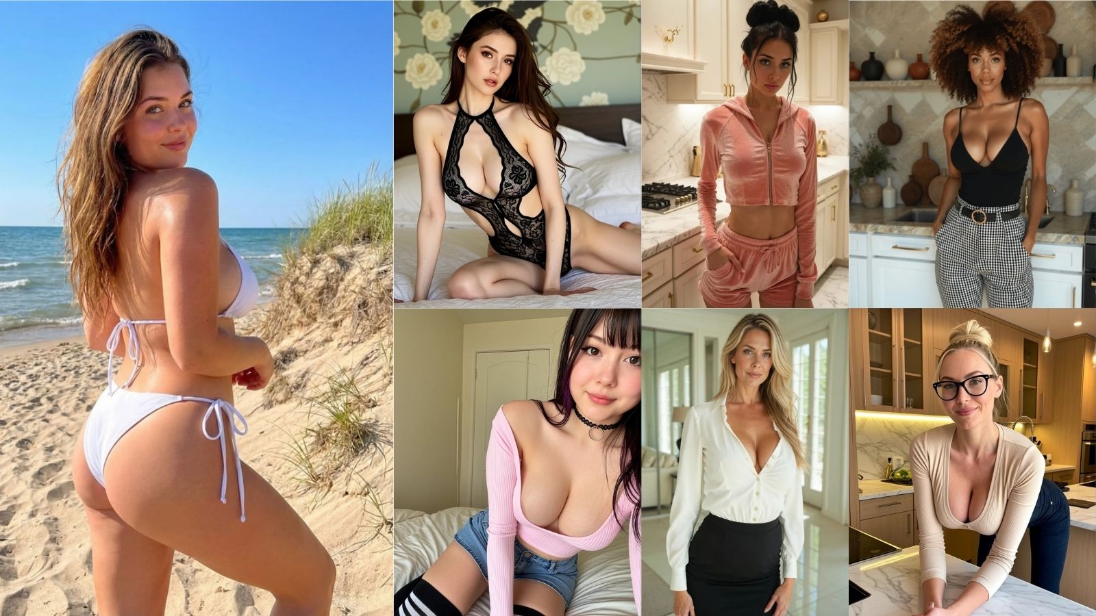 Seven AI-generated female companions displayed without a background, representing customizable virtual girlfriends in Secrets AI 2026 review