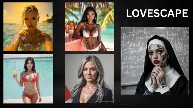 Five AI girlfriend companions on black background with bold white LOVESCAPE text representing Lovescape AI's consistent love features beating dating apps in 2026
