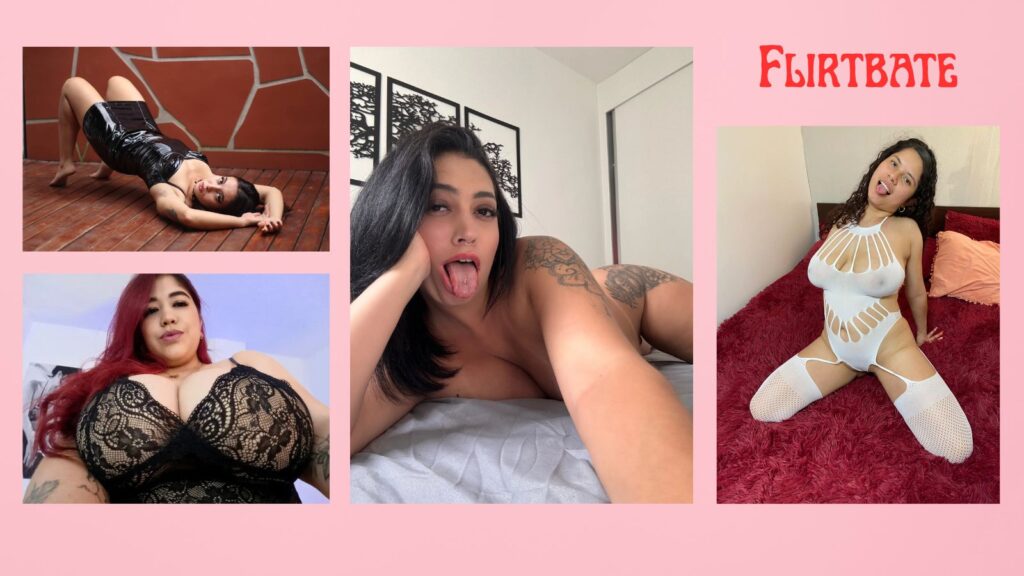 Four diverse Flirtbate models smiling seductively against a vibrant pink background, with bold deep red "FLIRTBATE" text overlay—perfect visual for 2026 two-way video chat reviews.