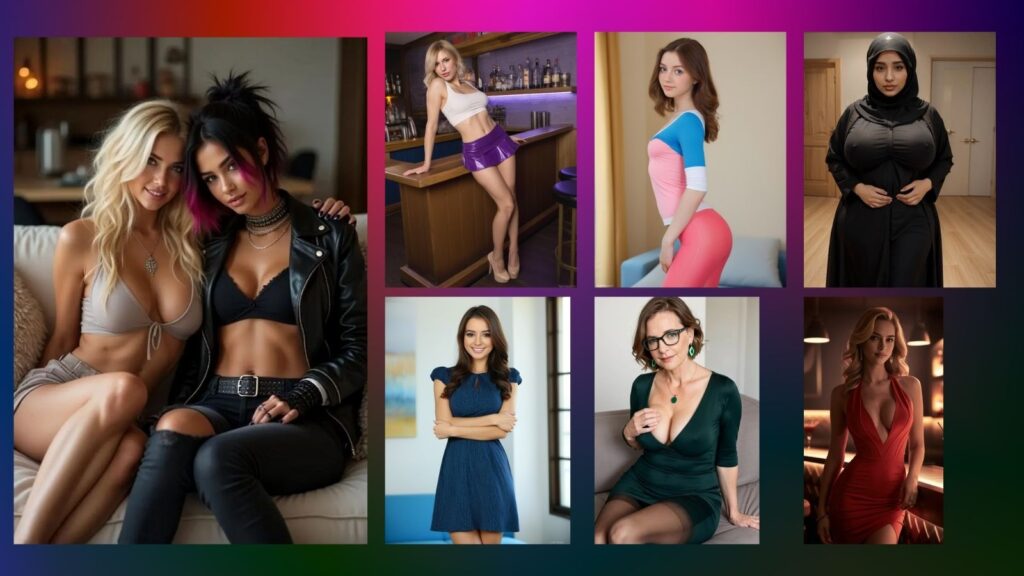 Seven AI girlfriend companions on purple and black gradient background representing GirlfriendGPT's ex recreation and trait cloning features with 92% accuracy in 2026