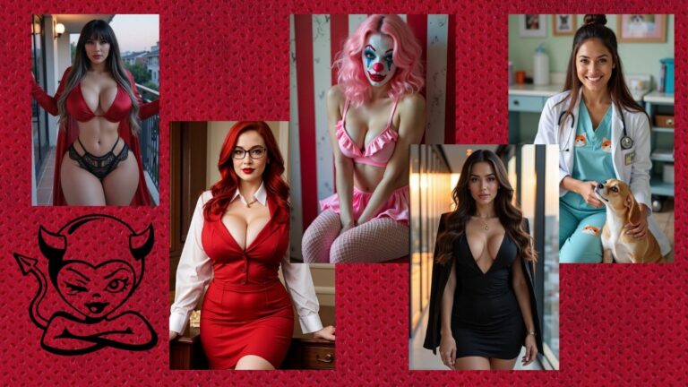 Five seductive AI girlfriends with intimate expressions against dark red background, devil girl graphic bottom left corner - Luvr AI feels like real girlfriend touch 2026 review