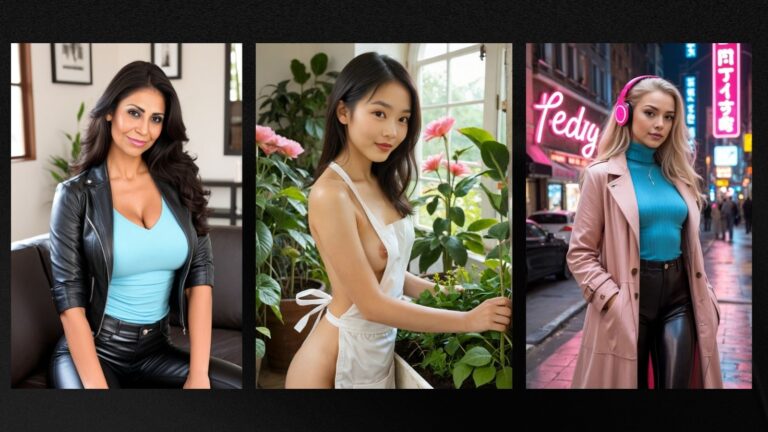 Three photorealistic AI girlfriend characters generated by Get Harder AI against a black background, showcasing high-fidelity NSFW textures and diverse character customization in 2026.