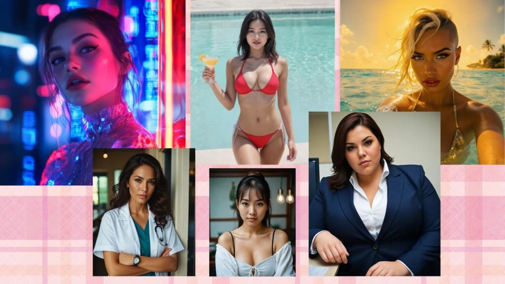 Six Lovescape AI girls in various realistic styles against a pink patchwork wallpaper, demonstrating emotional AI companion variety.