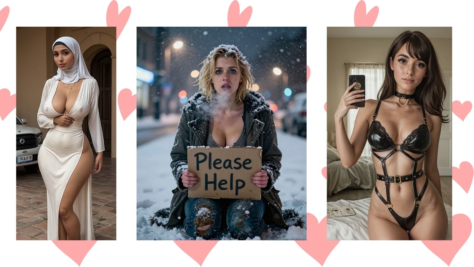 OurDream AI diversity showcase: a homeless girl in snow, a Muslim girl, and a girl in black lingerie on a heart background.