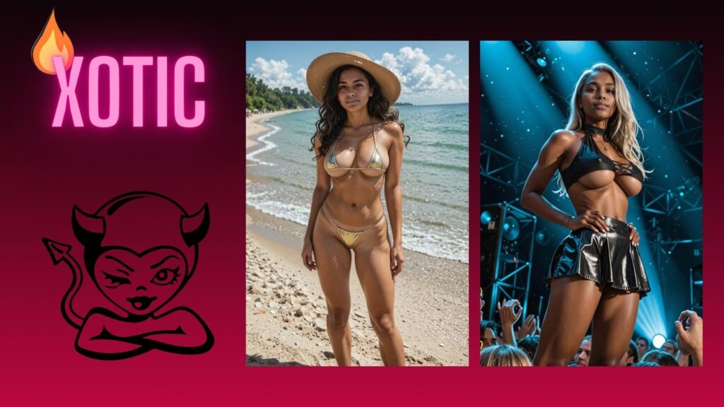 Xotic AI featured image with two realistic girls, flaming XOTIC text, and a winking devil icon on a deep red background.