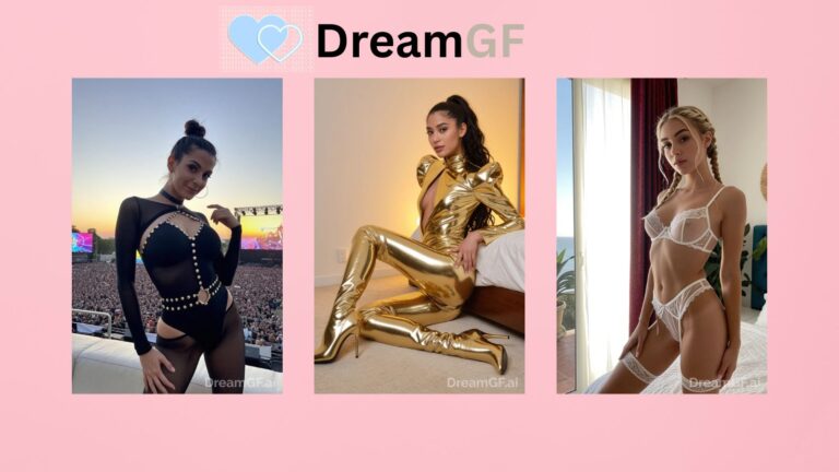 Three photorealistic AI girlfriend characters posed against a pink background, accented by blue heart graphics and the text DreamGF AI.