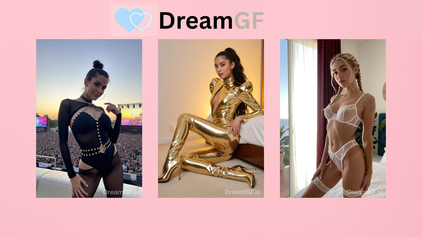 Three photorealistic AI girlfriend characters posed against a pink background, accented by blue heart graphics and the text DreamGF AI.