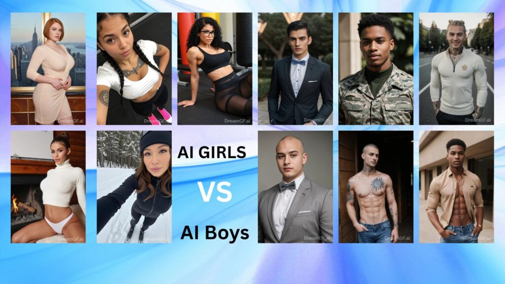 A high-fidelity comparison graphic featuring a diverse group of 5 AI girls and 6 AI guys against a vibrant purple background, titled "AI Boys vs AI Girls" to showcase 2026 virtual partner diversity.