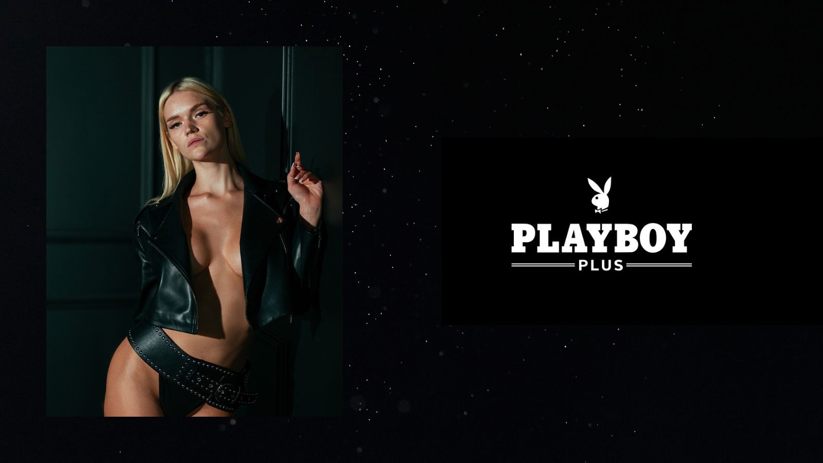 A professional, high-contrast studio portrait of a woman against a minimalist black background with the "Playboy Plus" logo, representing the 2026 digital evolution of the iconic Playmate pictorial.