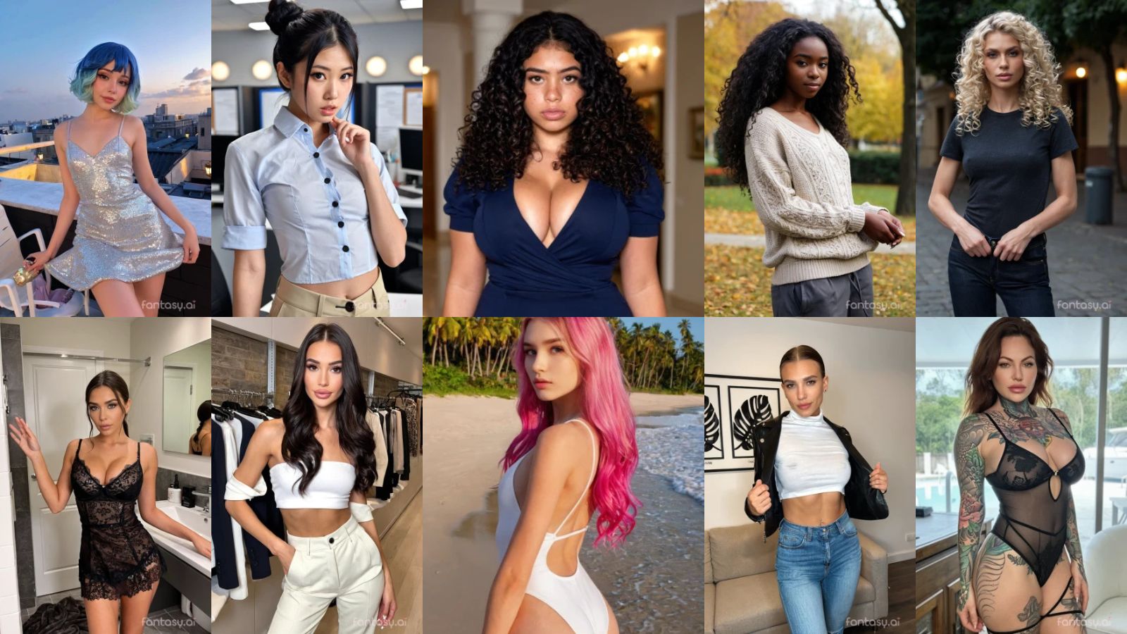 Ten diverse AI-generated female companions showcasing varied visual styles and personality archetypes in a digital studio setting.