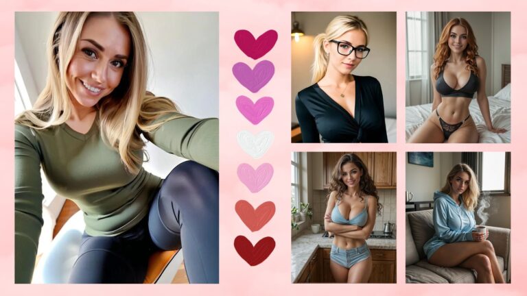 Five diverse AI-generated girls standing against a soft pink background with a stylish column of floating 3D hearts.