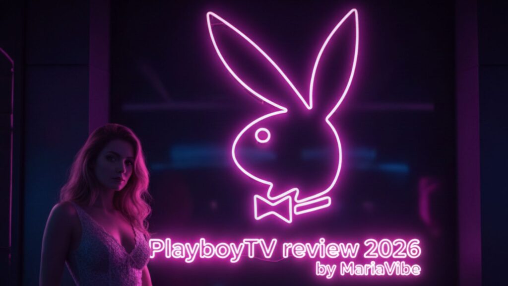 A woman standing in front of a glowing neon Playboy bunny logo with the text "PlayboyTV review 2026 by MariaVibe."