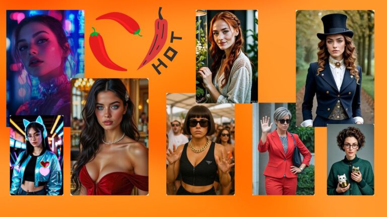 Eight diverse AI-generated anime girls posed against a vibrant orange background with a red chili icon and the word HOT, representing [suspicious link removed]'s AI spice levels.