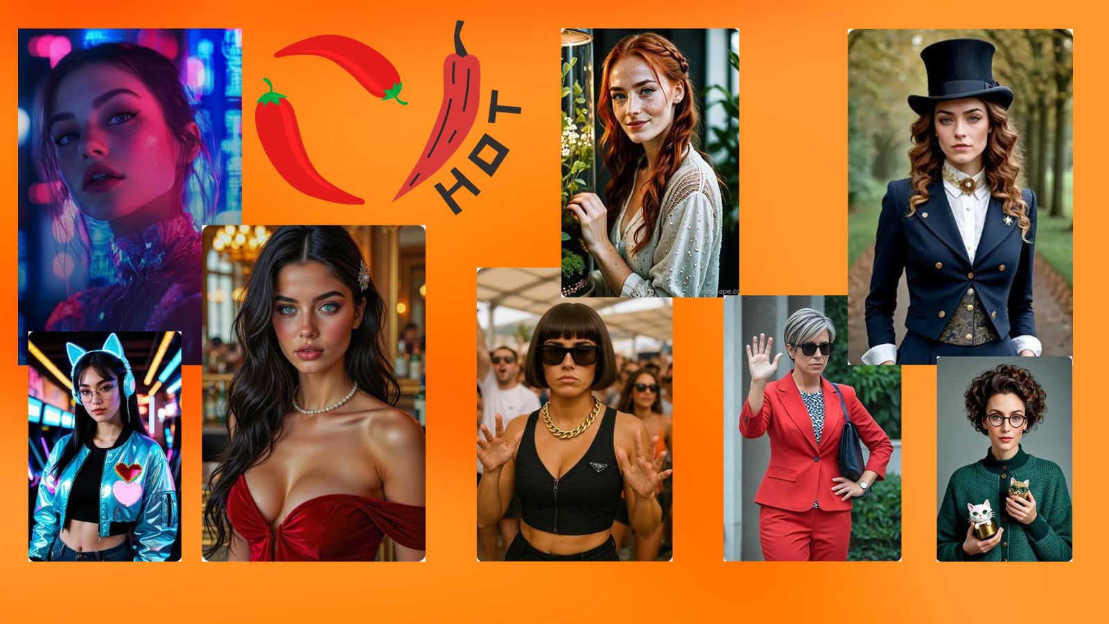 Eight diverse AI-generated anime girls posed against a vibrant orange background with a red chili icon and the word HOT, representing [suspicious link removed]'s AI spice levels.