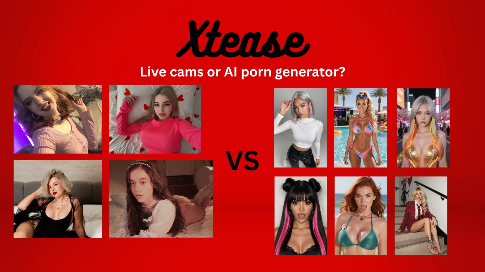 6 AI-generated girls vs 4 live cam girls comparison on red background with "Xtease live cams or AI porn generator" text - 2026 adult entertainment showdown