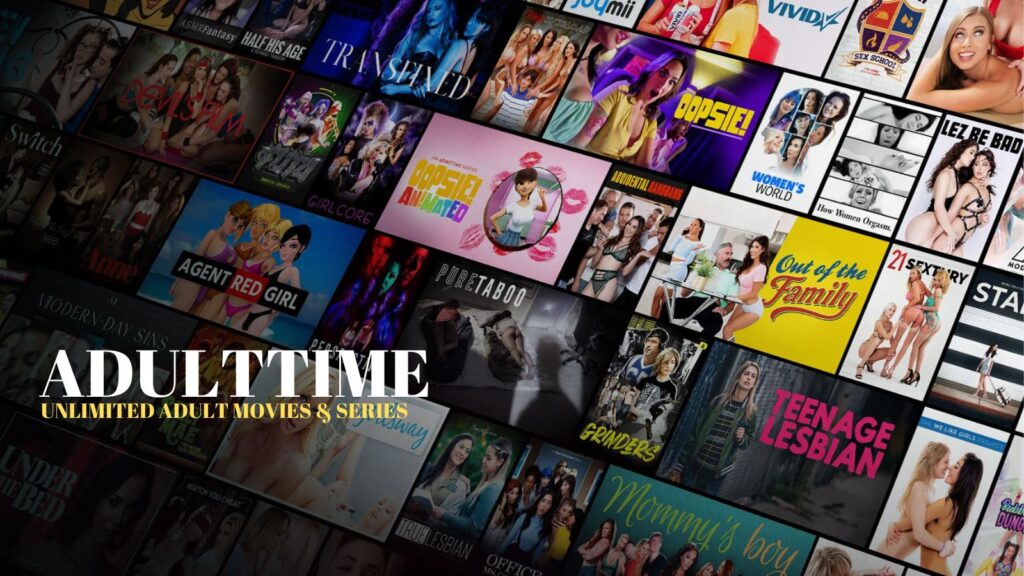 A professional comparison graphic featuring a montage of diverse, high-production adult movie covers against a sleek background, with the bold text "AdultTime UNLIMITED ADULT MOVIES & SERIES" representing the 2026 aggregator leader.