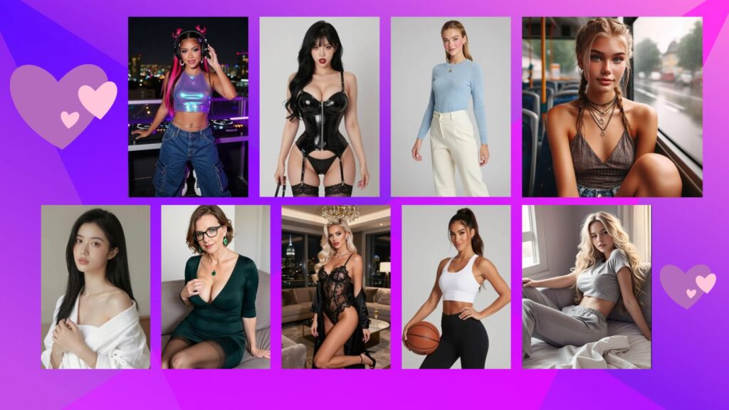 Nine diverse AI-generated girls standing against a vibrant purple background decorated with a floating pattern of 3D purple hearts.